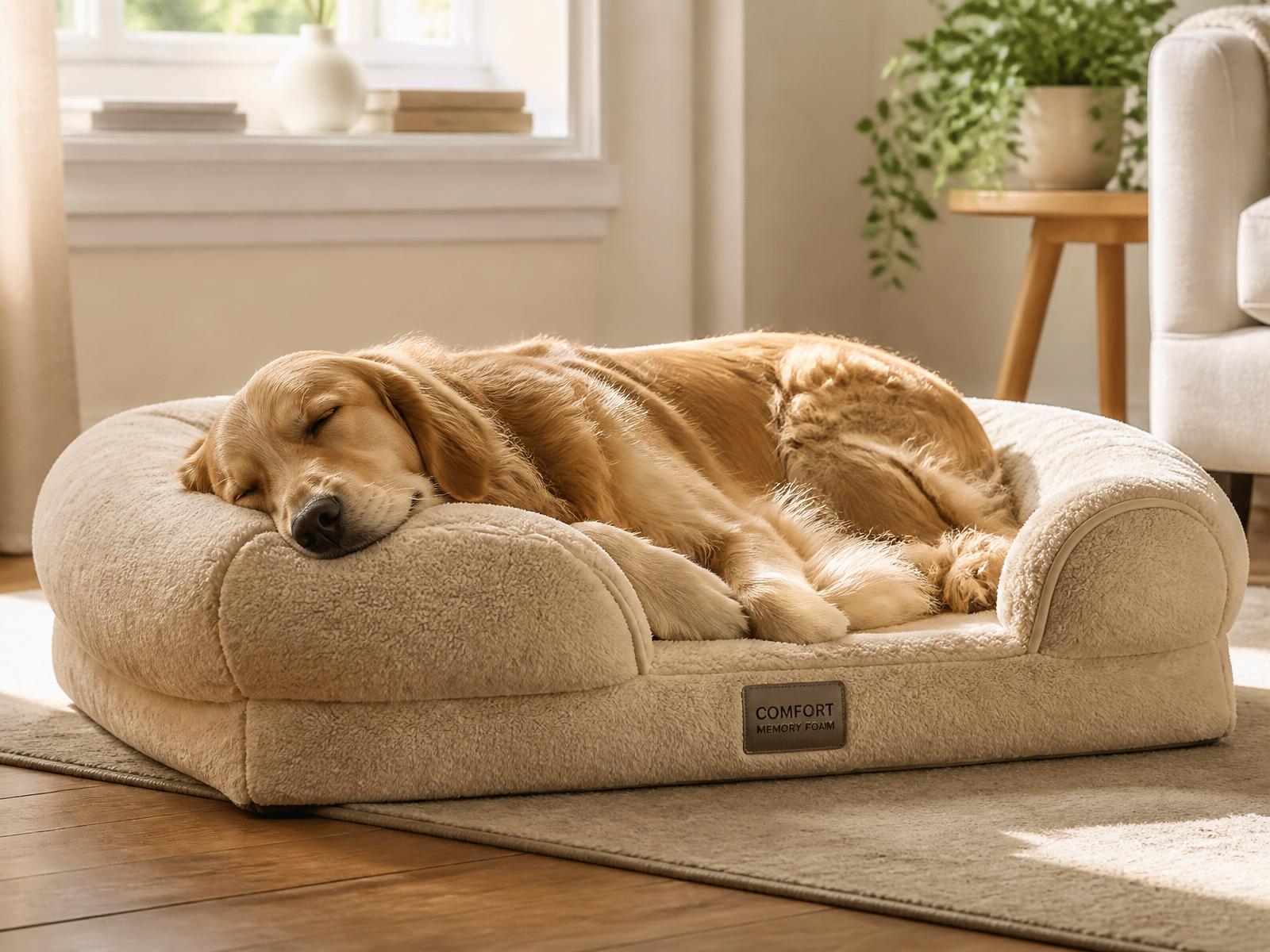 Golden retriever sleeping peacefully on a PawComfort orthopedic memory foam bed in a sunlit living room